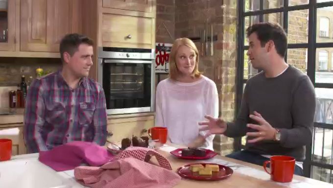 James Ramsden,James Durrant and Clare Burt discuss veggie cake in front of the Neff oven and dummy cupboards we inserted!
