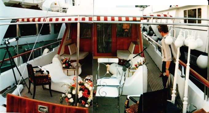 The real boat deck (Chantella) on location - with 'continuity' furnishings. Richard standing on the right.
