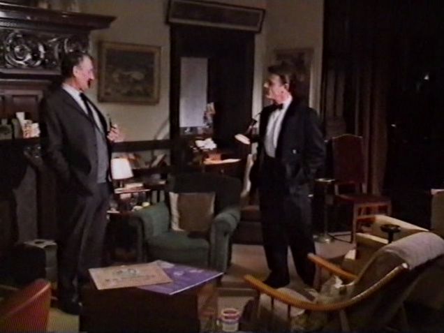 The Staff room - including magnificent hired Fireplace mantle and old grained brown woodwork all round!Edward Fox and Peter Jeffrey.