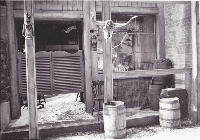 The exterior of The Saloon bar with sugar glass window ready for stunt.