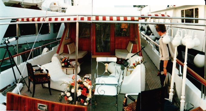 The real boat deck (Chantella) on location - with 'continuity' furnishings. Richard standing on the right.