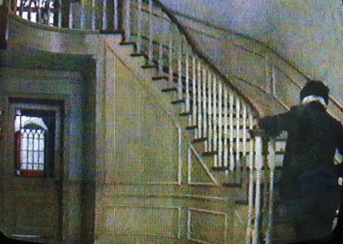 A terrible picture off the vhs tv recording shows the hall staircase from the above drawing.